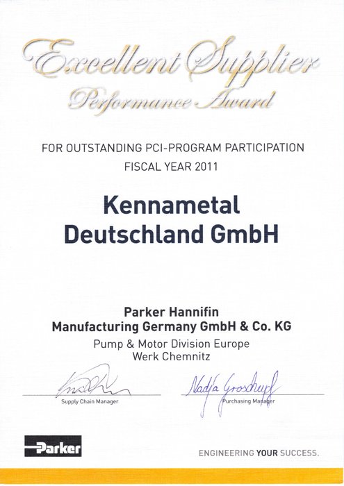 Kennametal otrzymuje nagrodę  Excellent Supplier Performance od firmy Parker Hannifin